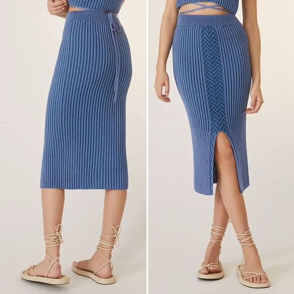 Anthropologie Chunky Knit Midi Sweater Skirt Cornflower Blue Women’s Size Medium - Picture 1 of 11